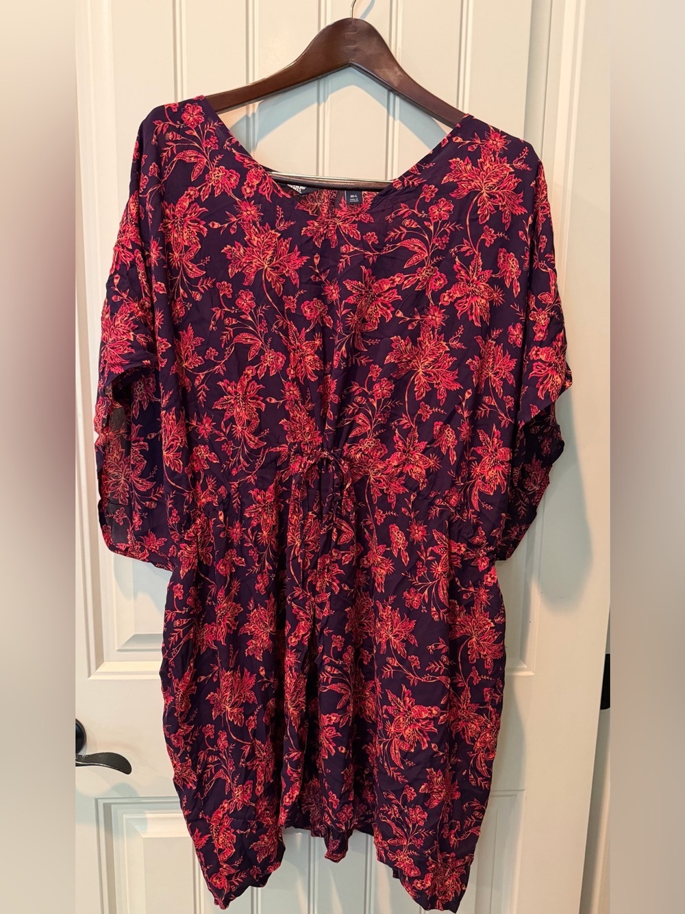 Lands End Size M/L Navy Floral Drawstring Swim Cover Up Summer Pretty Beach-Bar
